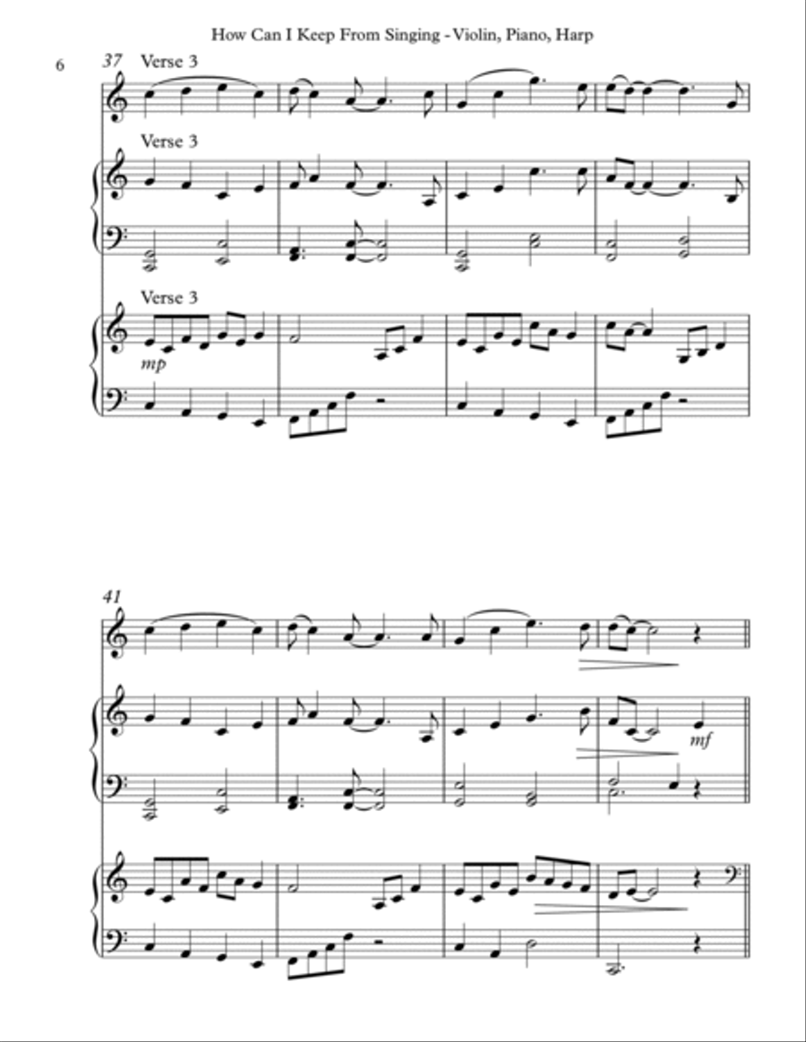 How Can I Keep From Singing, Trio for Violin, Piano & Harp Pedal Harp scores gallery preview page 6