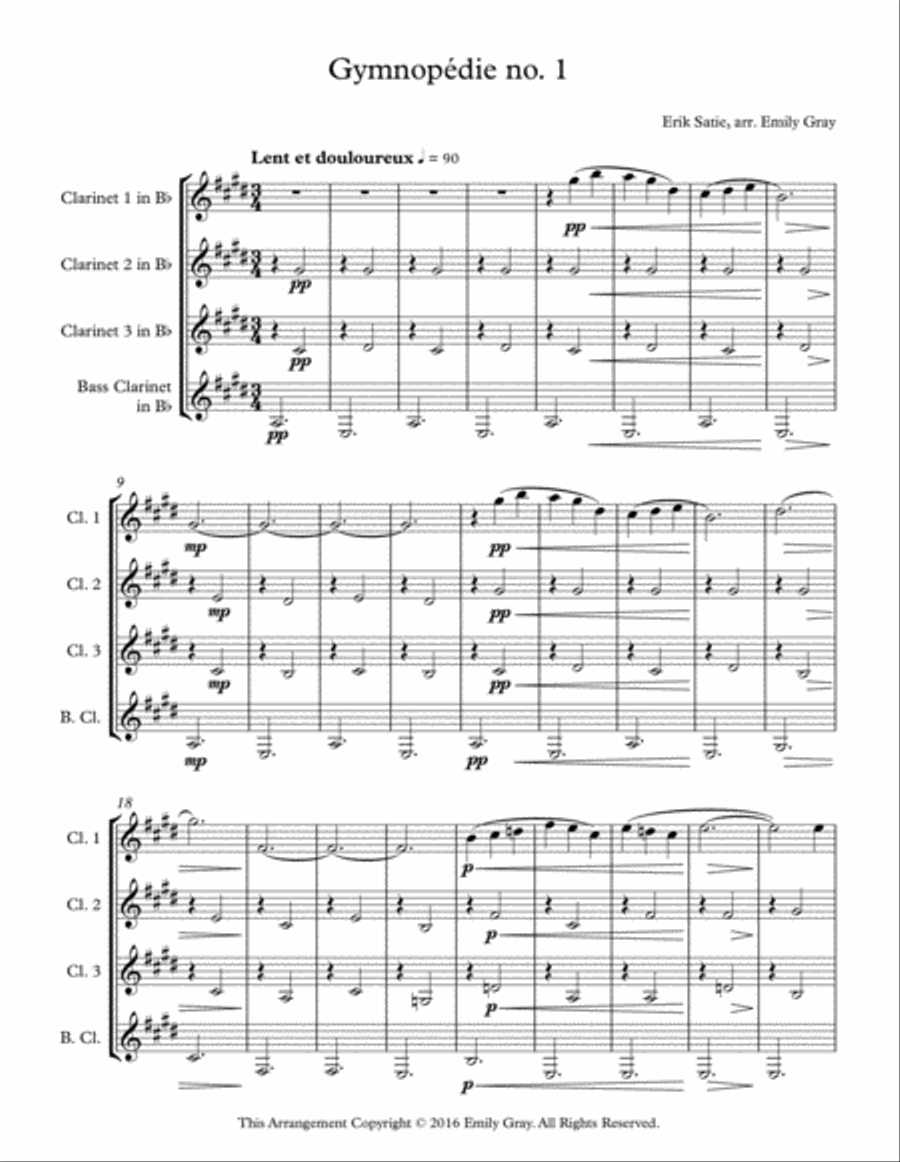Three Gymnopedies (Clarinet Quartet) Clarinet Quartet scores gallery preview page 1