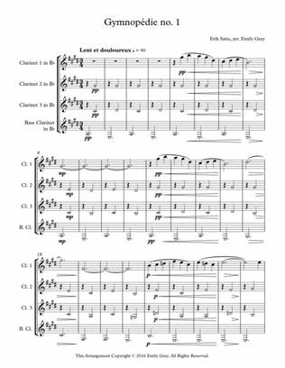 Book cover for Three Gymnopedies (Clarinet Quartet)