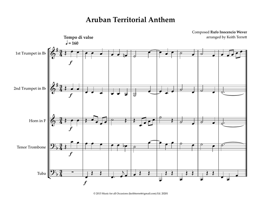 Aruban Territorial Anthem for Brass Quintet (World National Anthem Series) Brass Quintet scores gallery preview page 1