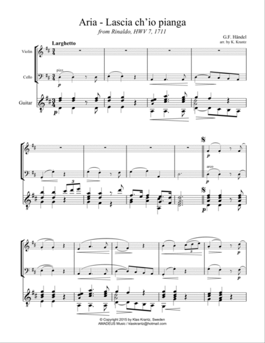 Aria - Lascia ch'io pianga for violin, cello and guitar Small Ensemble scores gallery preview page 2
