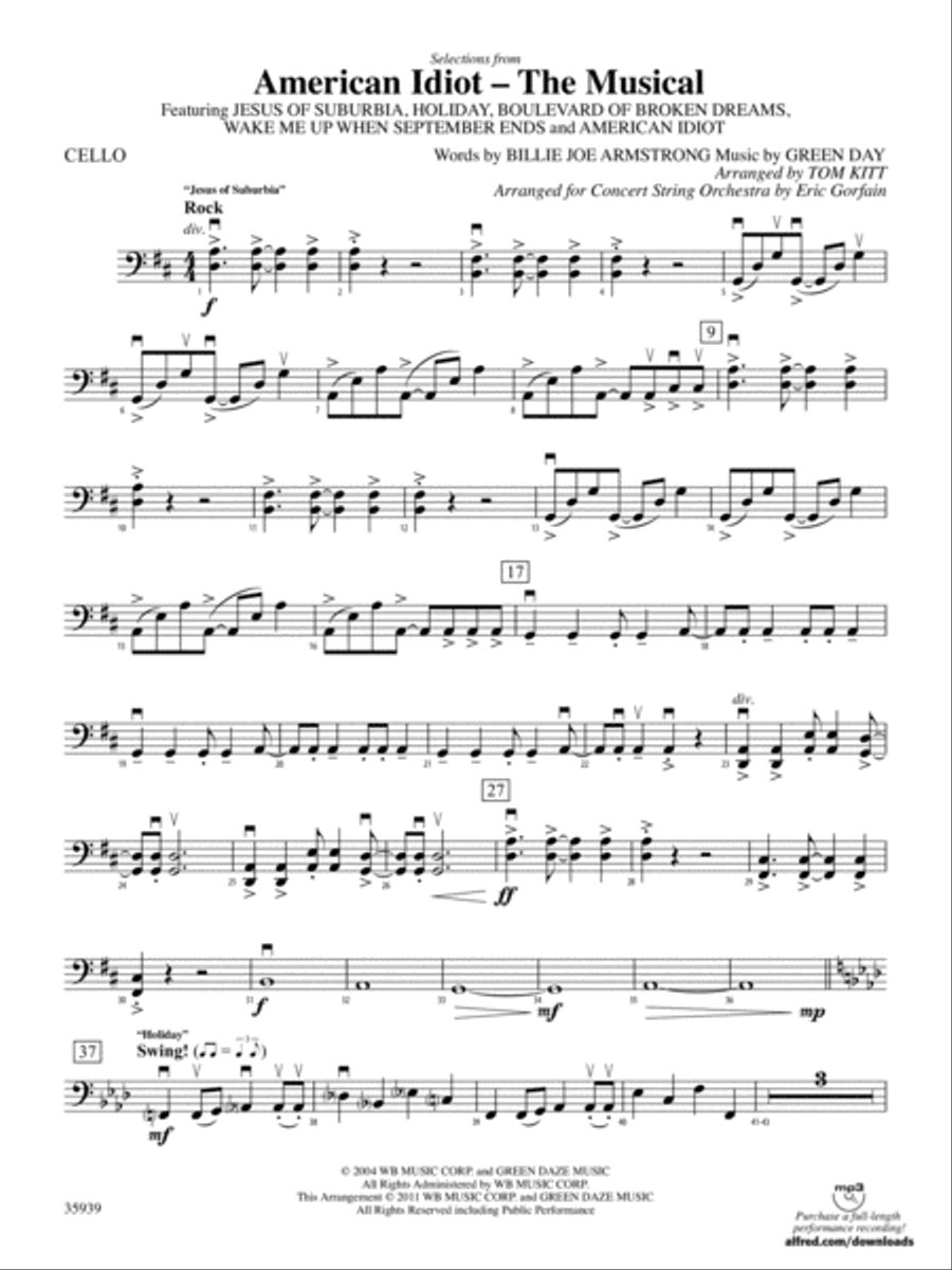 American Idiot -- The Musical, Selections from: Cello String Orchestra scores gallery preview page 1
