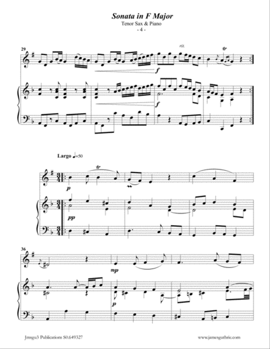 Telemann: Sonata in F Major for Tenor Sax & Piano Tenor Saxophone scores gallery preview page 4