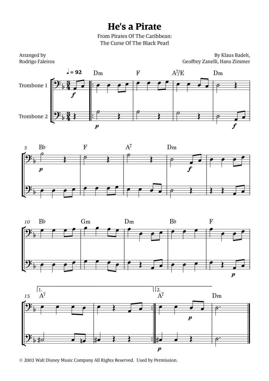 He's A Pirate Trombone Duet scores gallery preview page 1