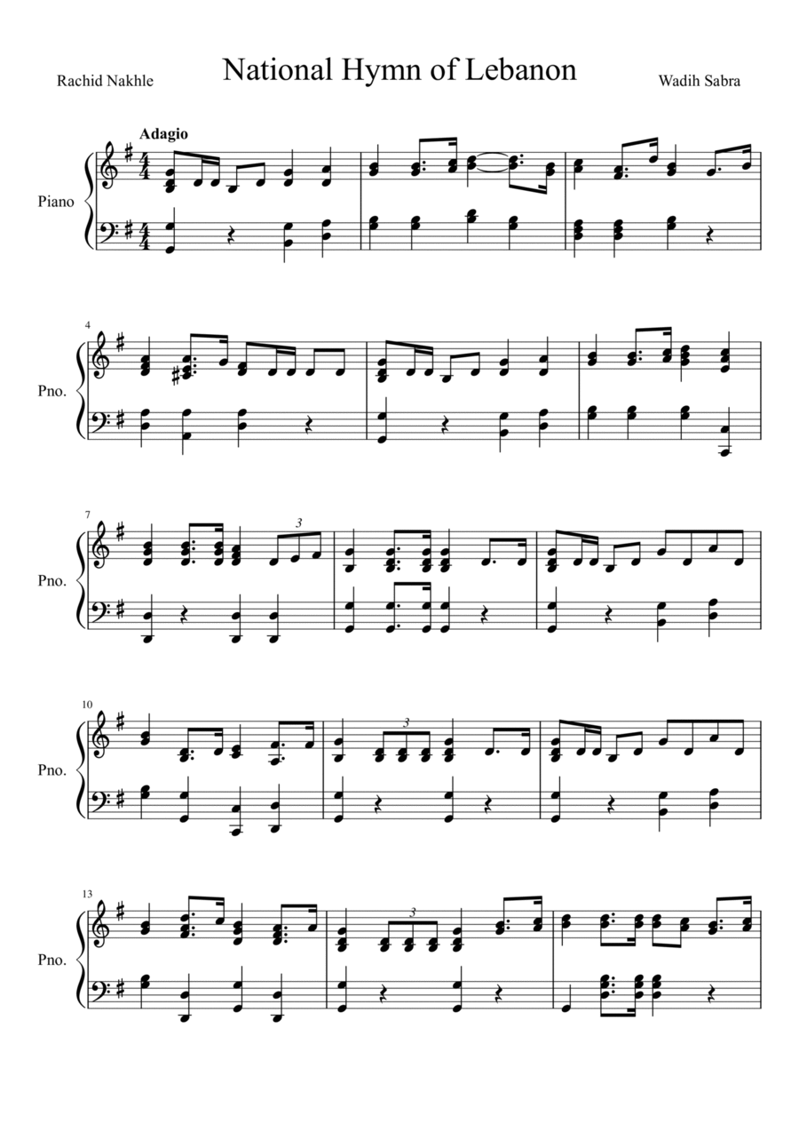 Lebanese National Anthem Easy Piano scores gallery preview page 1