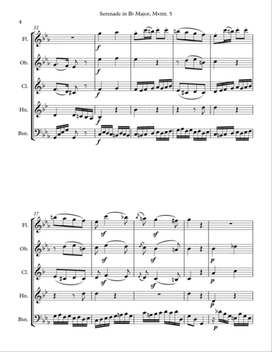 Mozart: Serenade in Bb Major, K. 361 (Gran Partita) for Wind Quintet Mvmt. 5 (Romanze) Woodwind Quintet scores gallery preview page 4
