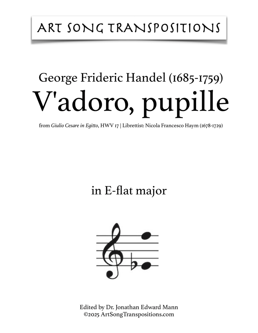 HANDEL: V'adoro, pupille (transposed to E-flat major) Piano, Vocal scores gallery preview page 1