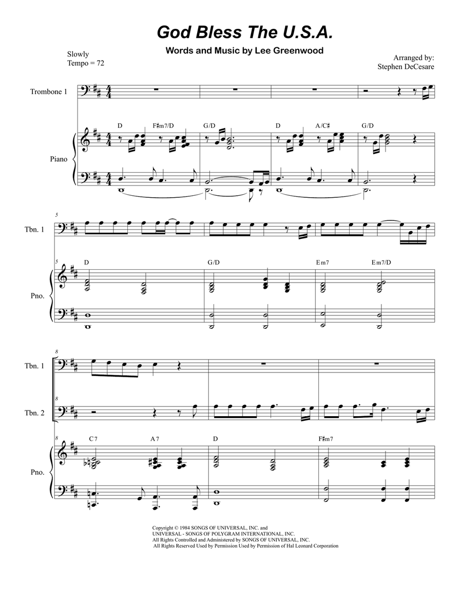 God Bless The U.S.A. Trombone Duet scores gallery preview page 1