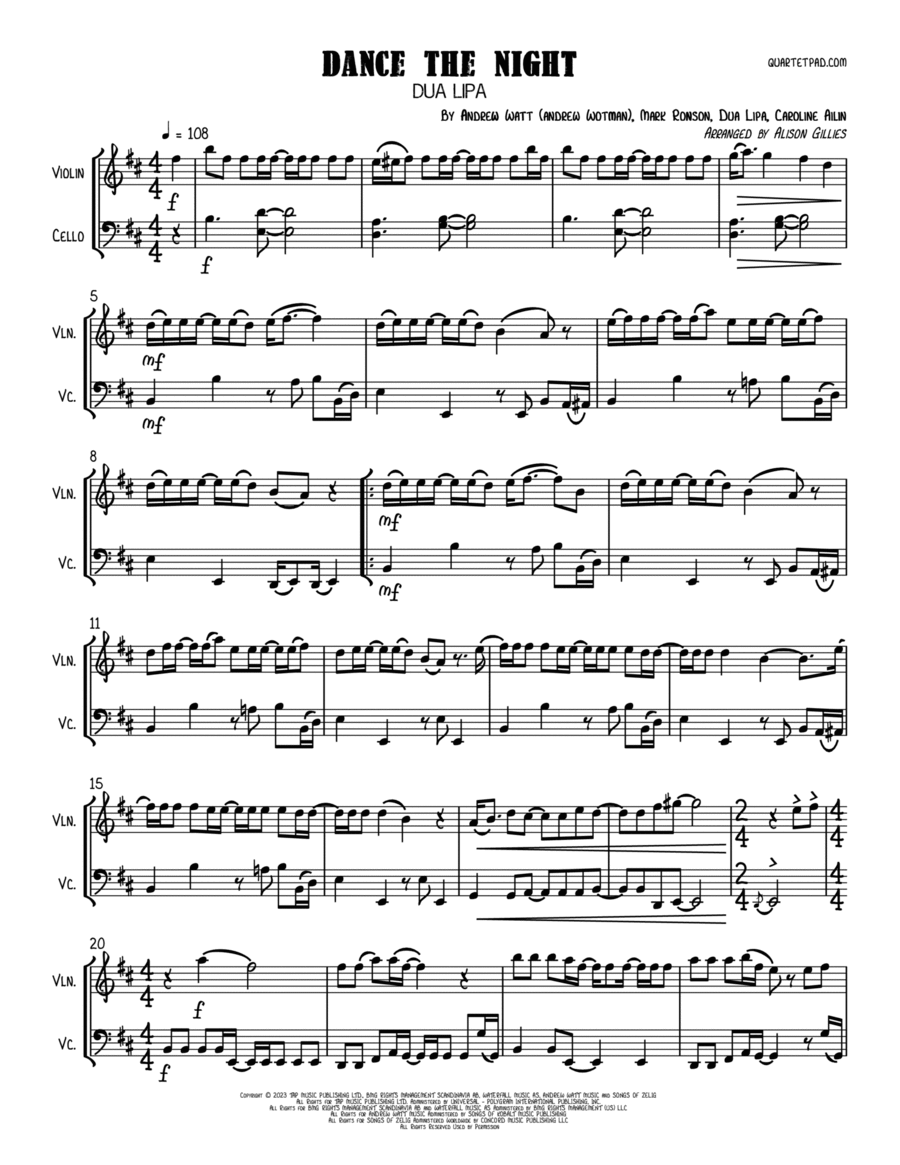 Dance The Night Dance The Night String Duet scores gallery preview page 1
