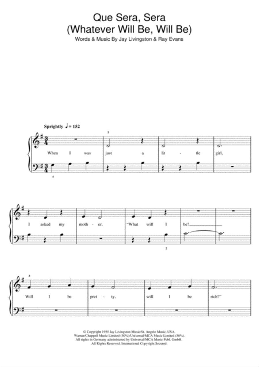 Que Sera, Sera (Whatever Will Be, Will Be) Easy Piano scores gallery preview page 1