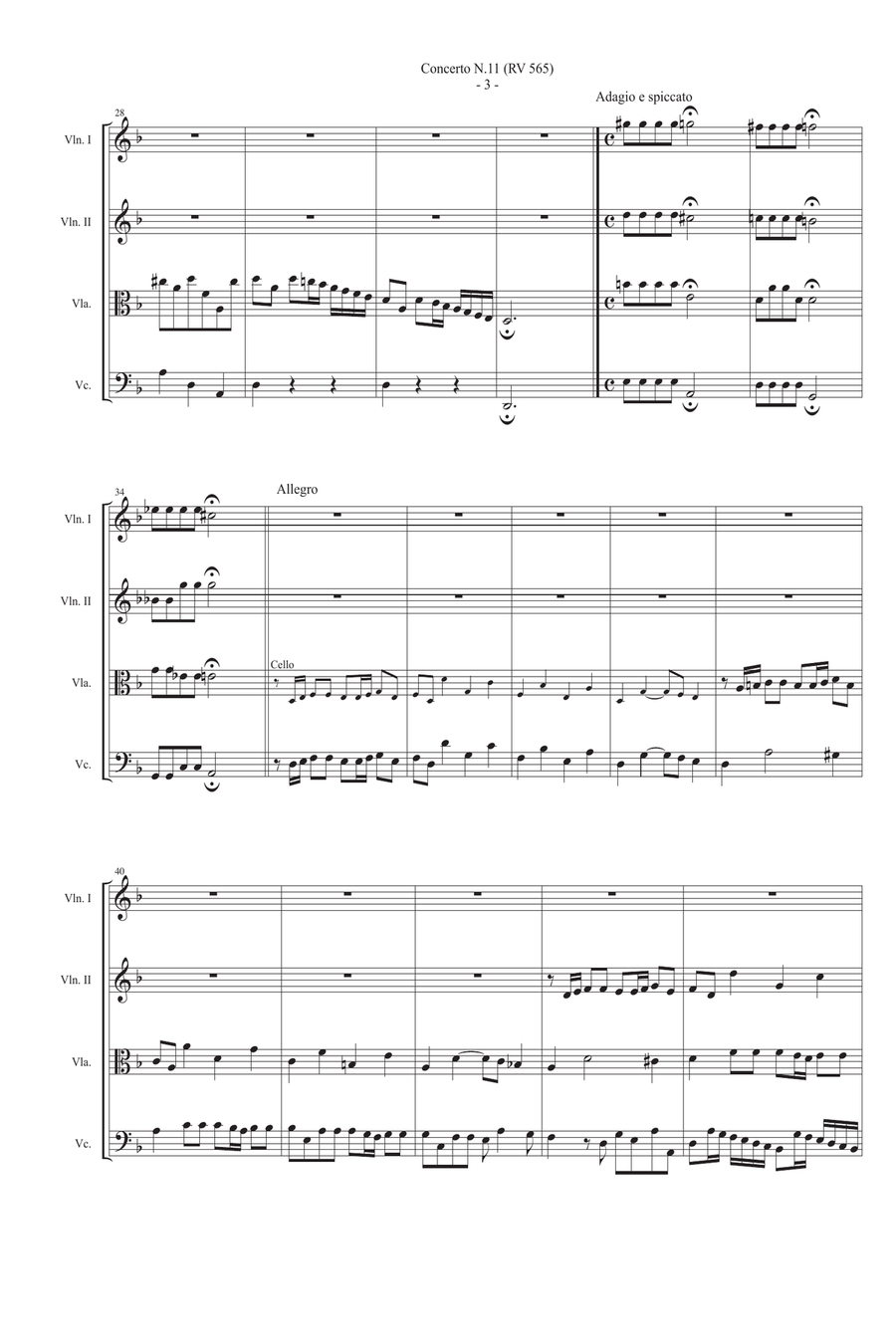 Vivaldi Concerto RV 565 in d min arr. String Quartet Score and parts String Quartet scores gallery preview page 3