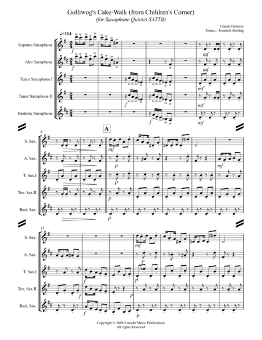 Debussy – Golliwog’s Cakewalk from Children’s Corner (for Saxophone Quintet SATTB) Saxophone Quintet scores gallery preview page 2