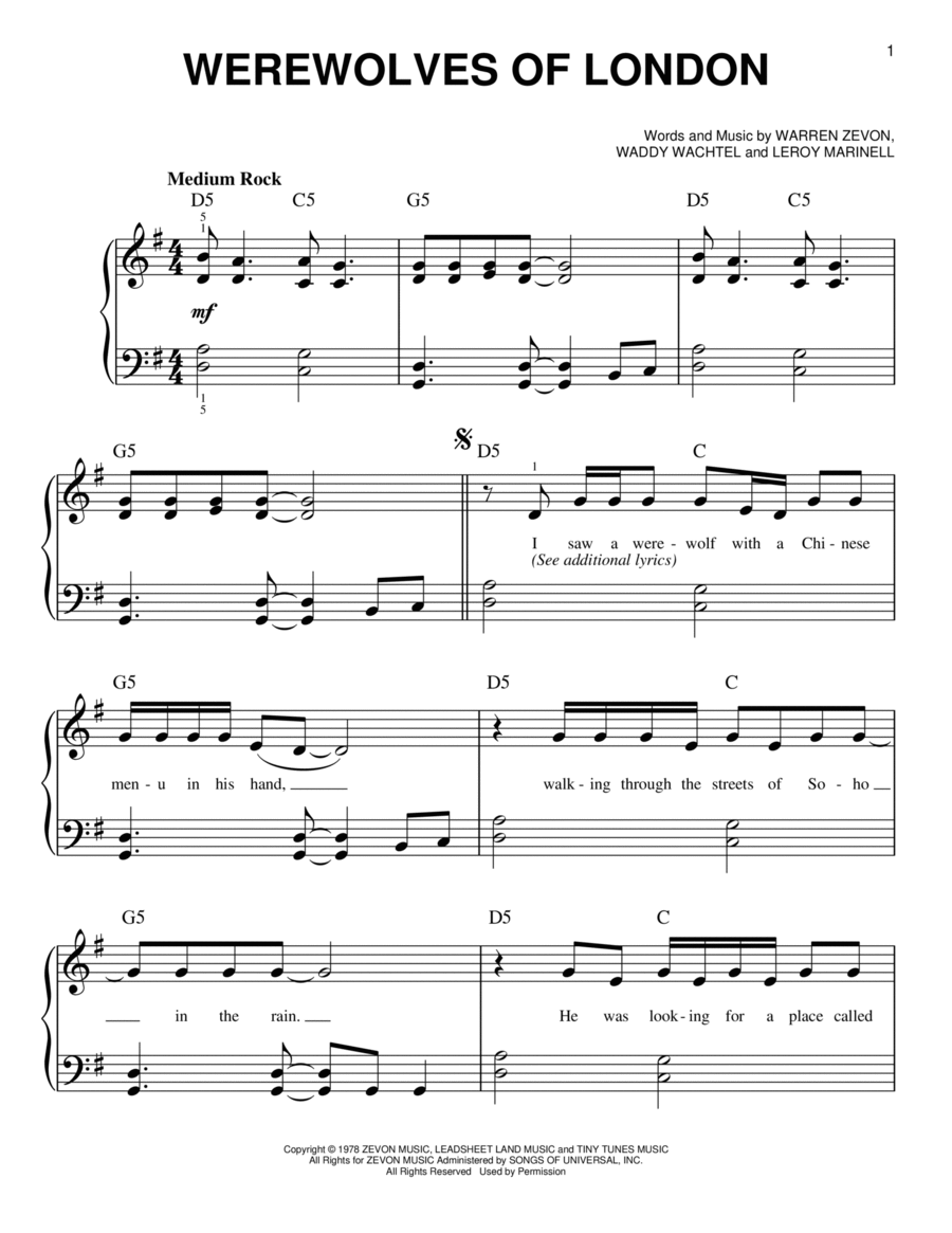 Werewolves Of London Easy Piano scores gallery preview page 1