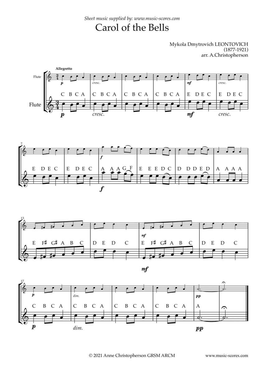 Carol of the Bells - Easy Flute with note names image number null