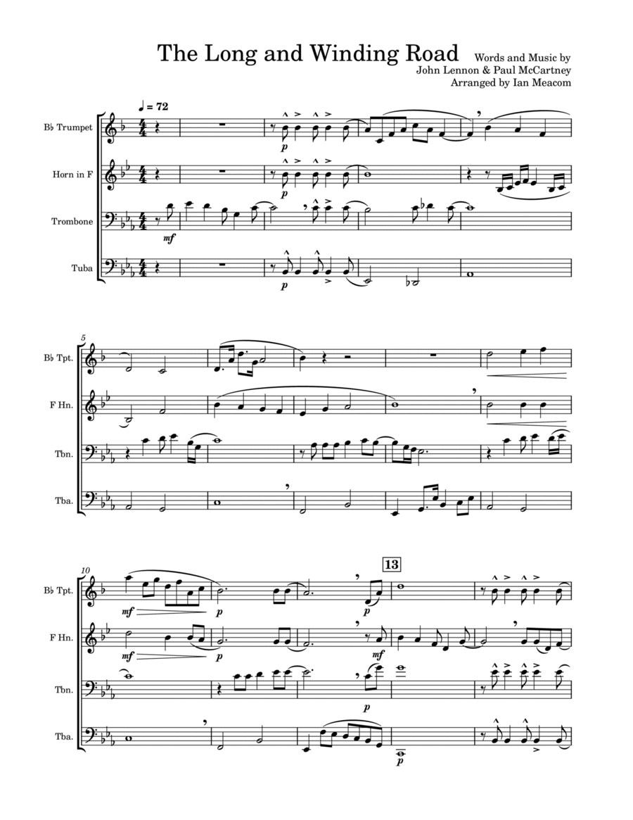 The Long And Winding Road Brass Quartet scores gallery preview page 1