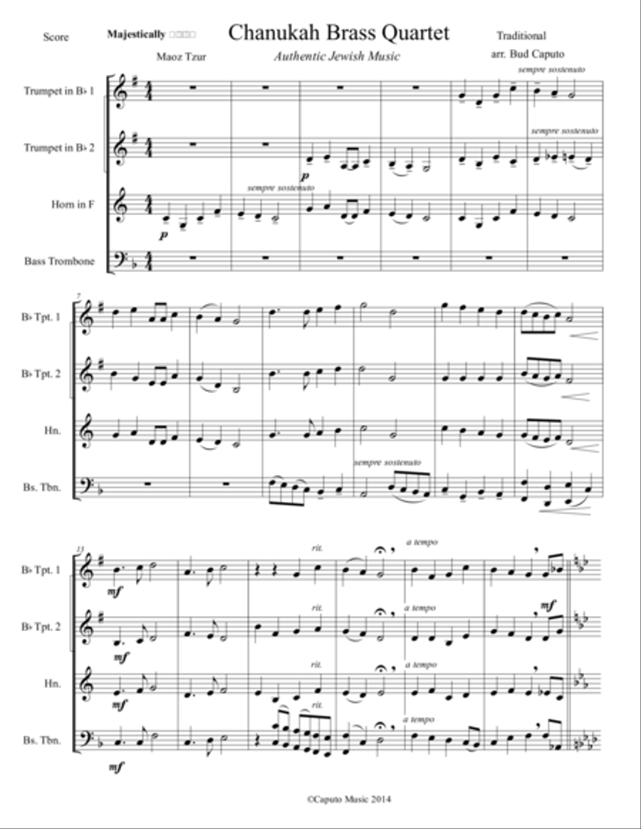 Hanukkah Medley for Brass Quartet-Score and Parts Brass Quartet scores gallery preview page 1