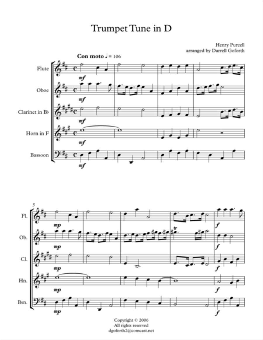 Purcell: Trumpet Tune in D for Woodwind Quintet Woodwind Quintet scores gallery preview page 1