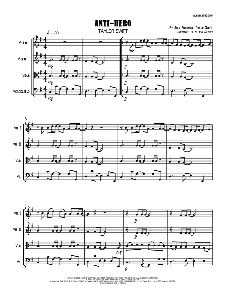 Anti-hero String Quartet scores gallery preview page 1