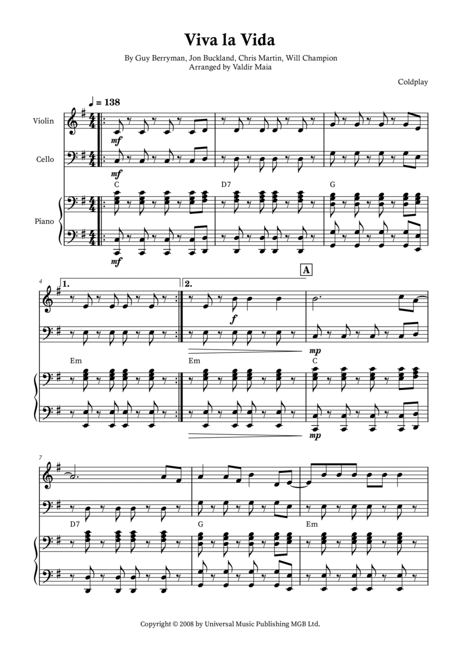 Viva La Vida Piano Trio scores gallery preview page 1