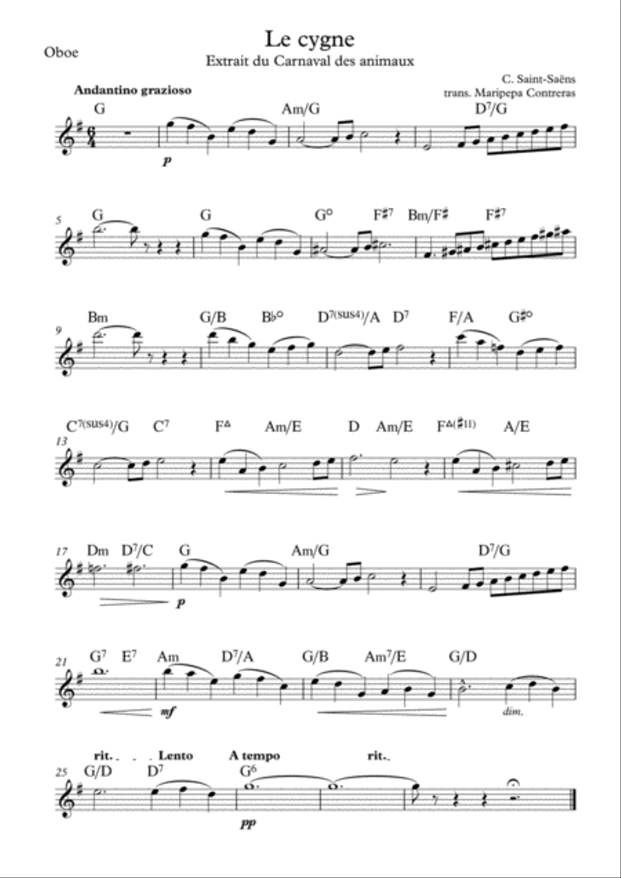 Le cygne - Saint-Saëns (melody) Small Ensemble scores gallery preview page 1