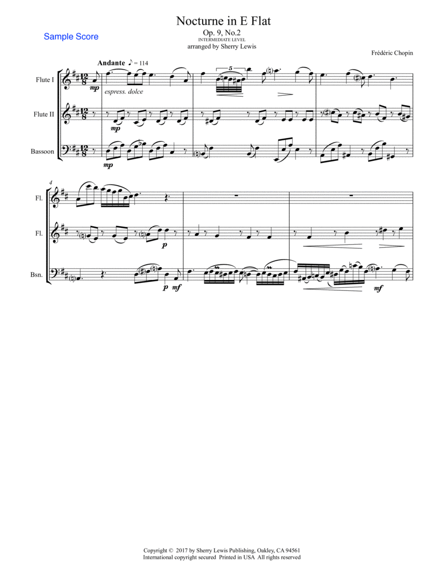 NOCTURNE by Chopin, Op.9 No.2, Woodwind Trio, Intermediate Level for 2 flutes and bassoon Woodwind Trio scores gallery preview page 1