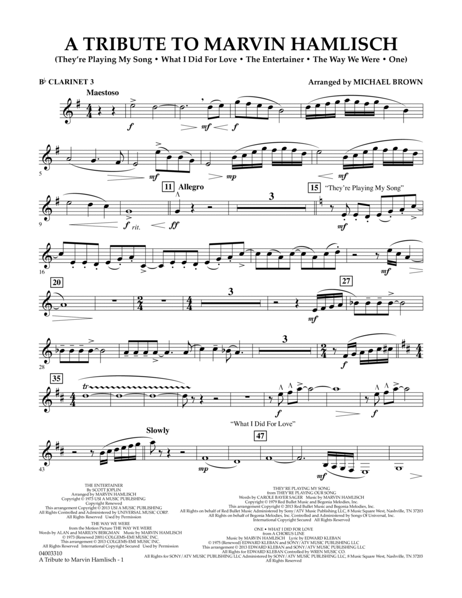 A Tribute To Marvin Hamlisch - Bb Clarinet 3 Concert Band scores gallery preview page 1
