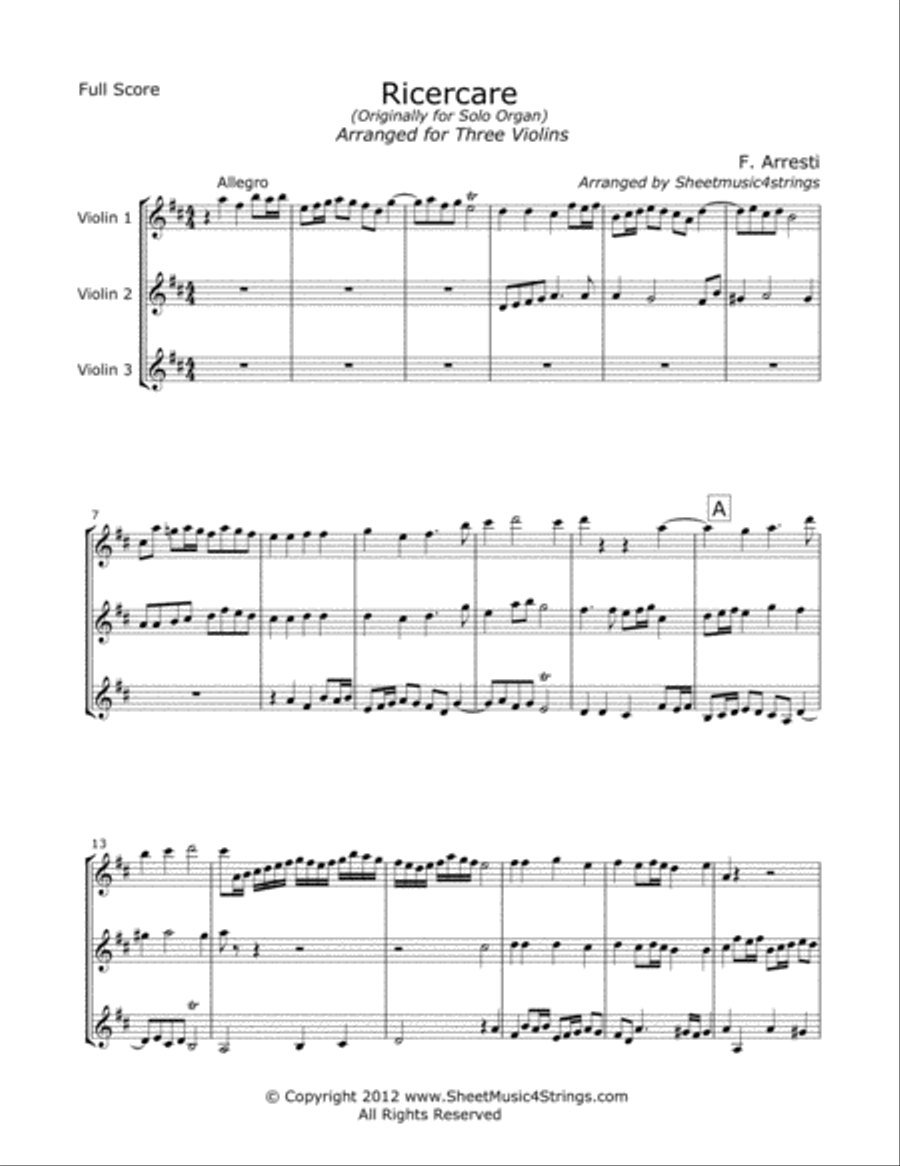 Arresti, F. - Ricercare for Three Violins Violin Solo scores gallery preview page 1