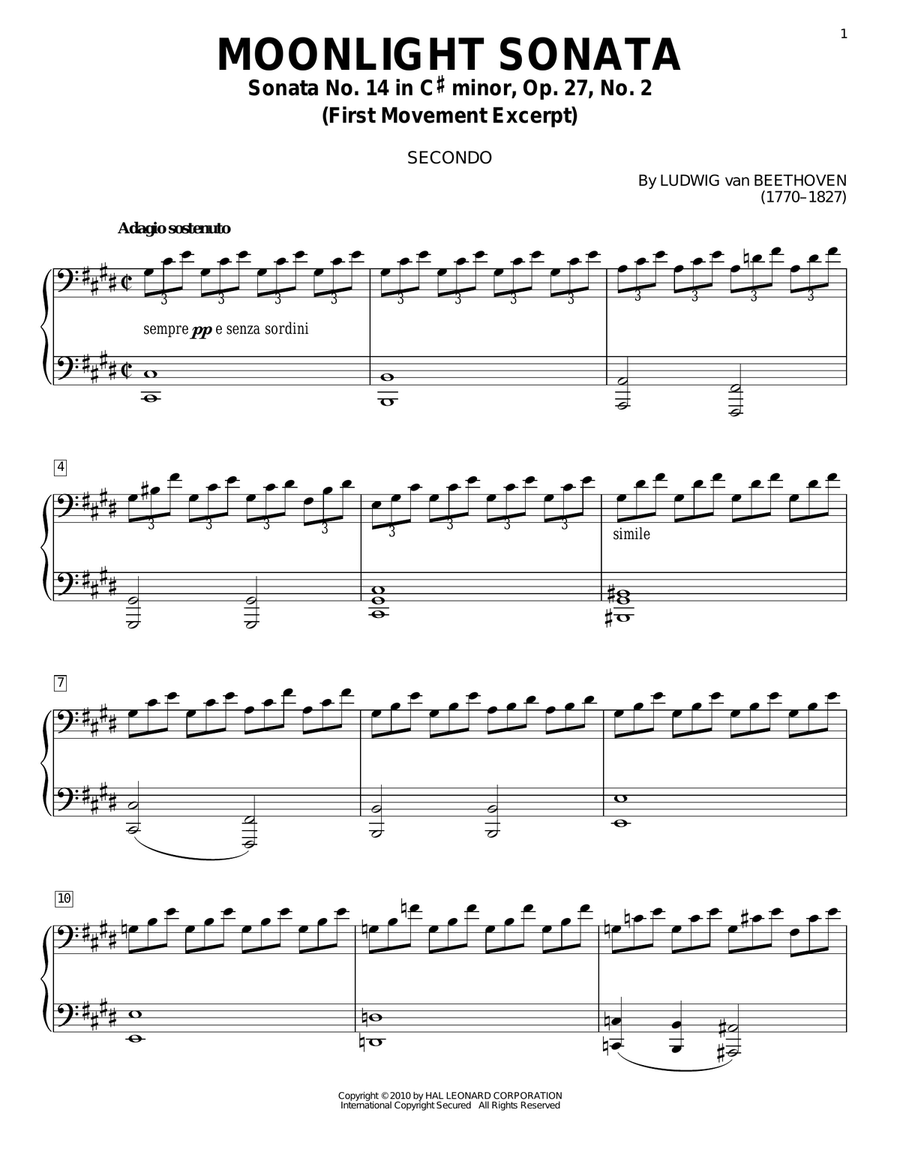 Piano Sonata No. 14 In C# Minor (Moonlight) Op. 27, No. 2 First Movement Theme Piano Duet scores gallery preview page 1