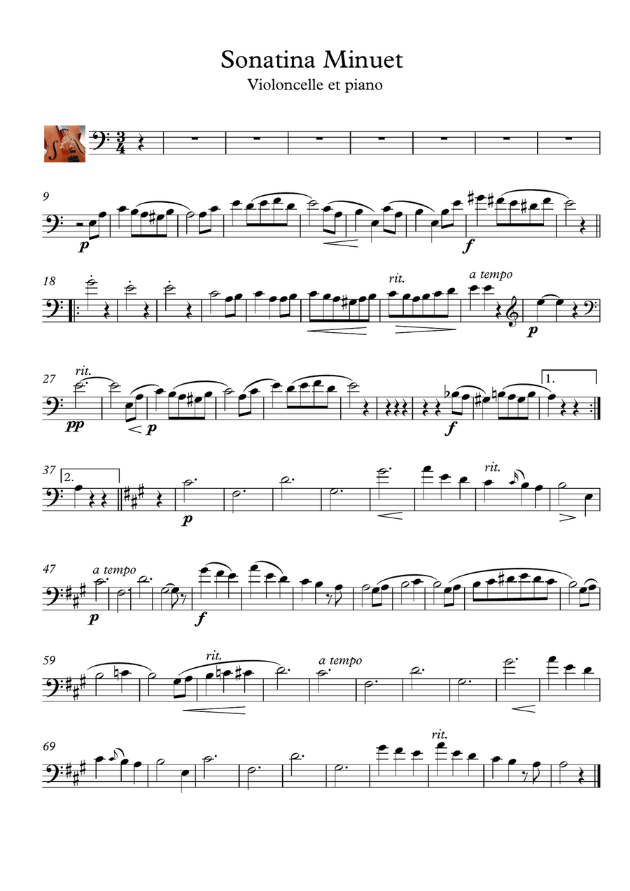A minuet sonatine for Cello and Piano duet pdf mp3 Piano Accompaniment scores gallery preview page 2