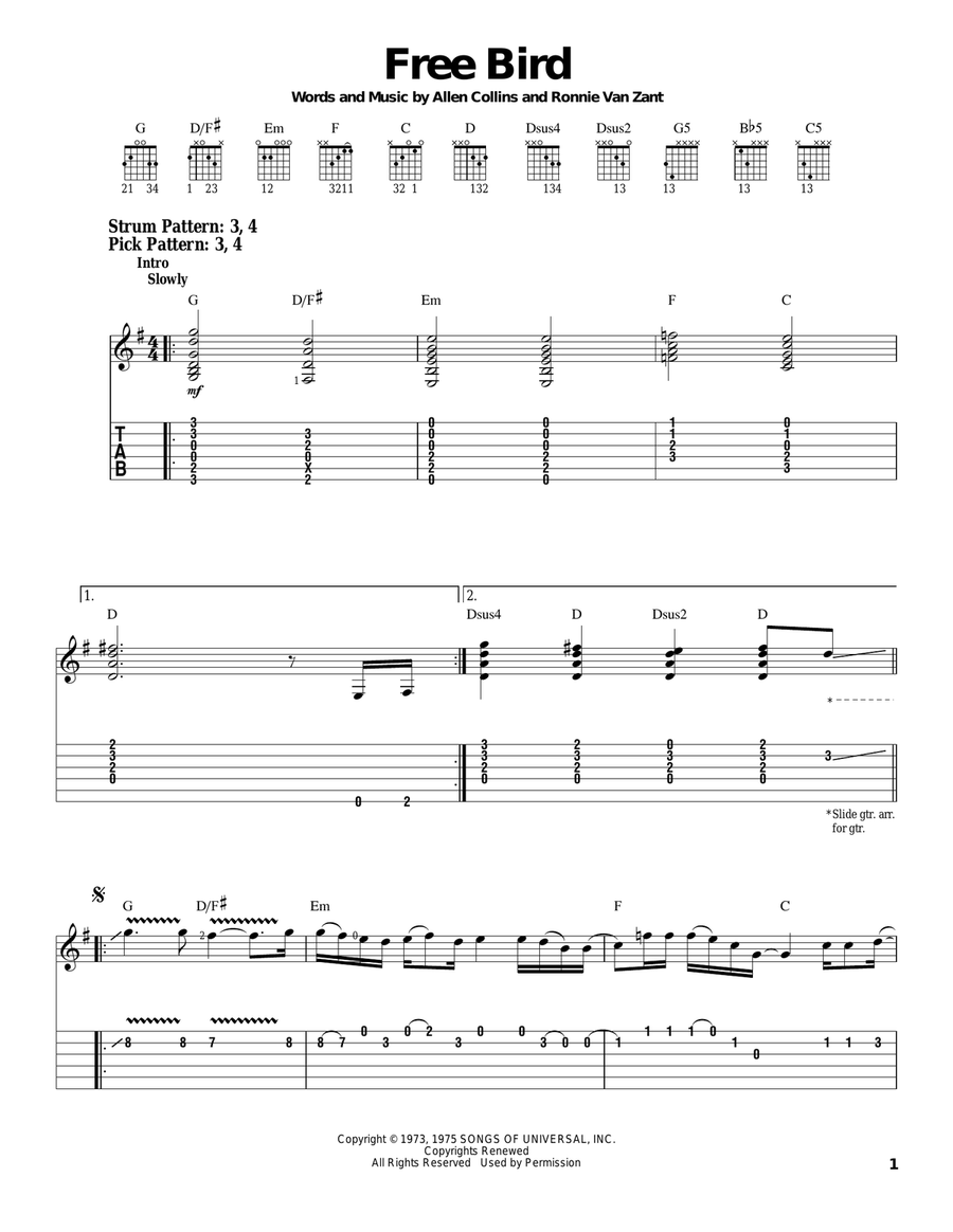 Free Bird Free Bird Acoustic Guitar scores gallery preview page 1