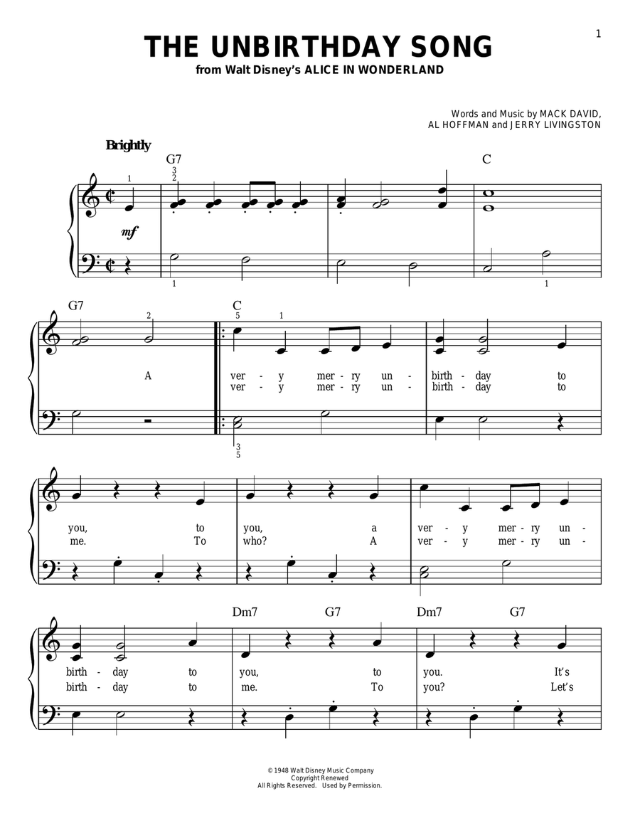 The Unbirthday Song (from Alice In Wonderland) Easy Piano scores gallery preview page 1