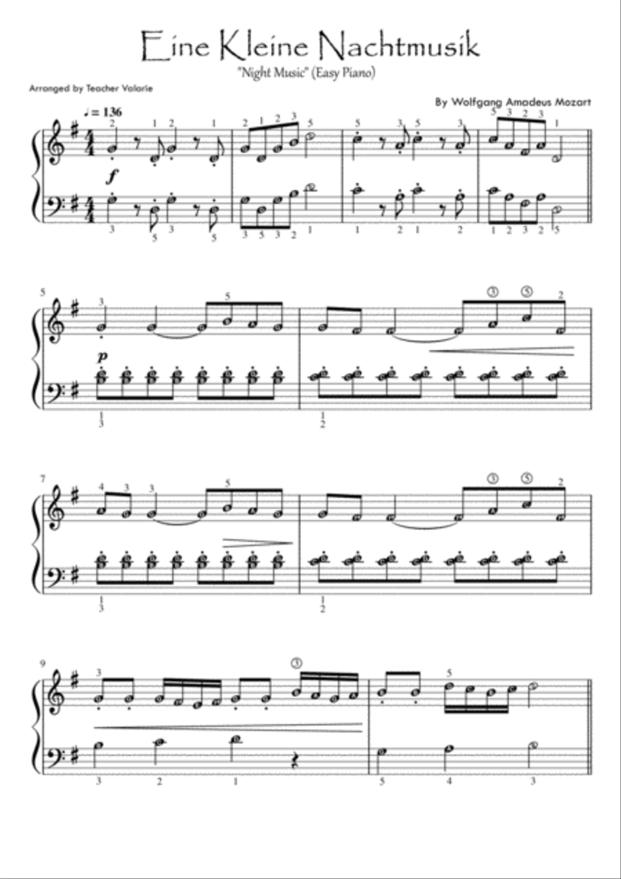 Eine Kleine Nachtmusik (Mozart) Easy Piano (with note names & finger numbers) Voice scores gallery preview page 1
