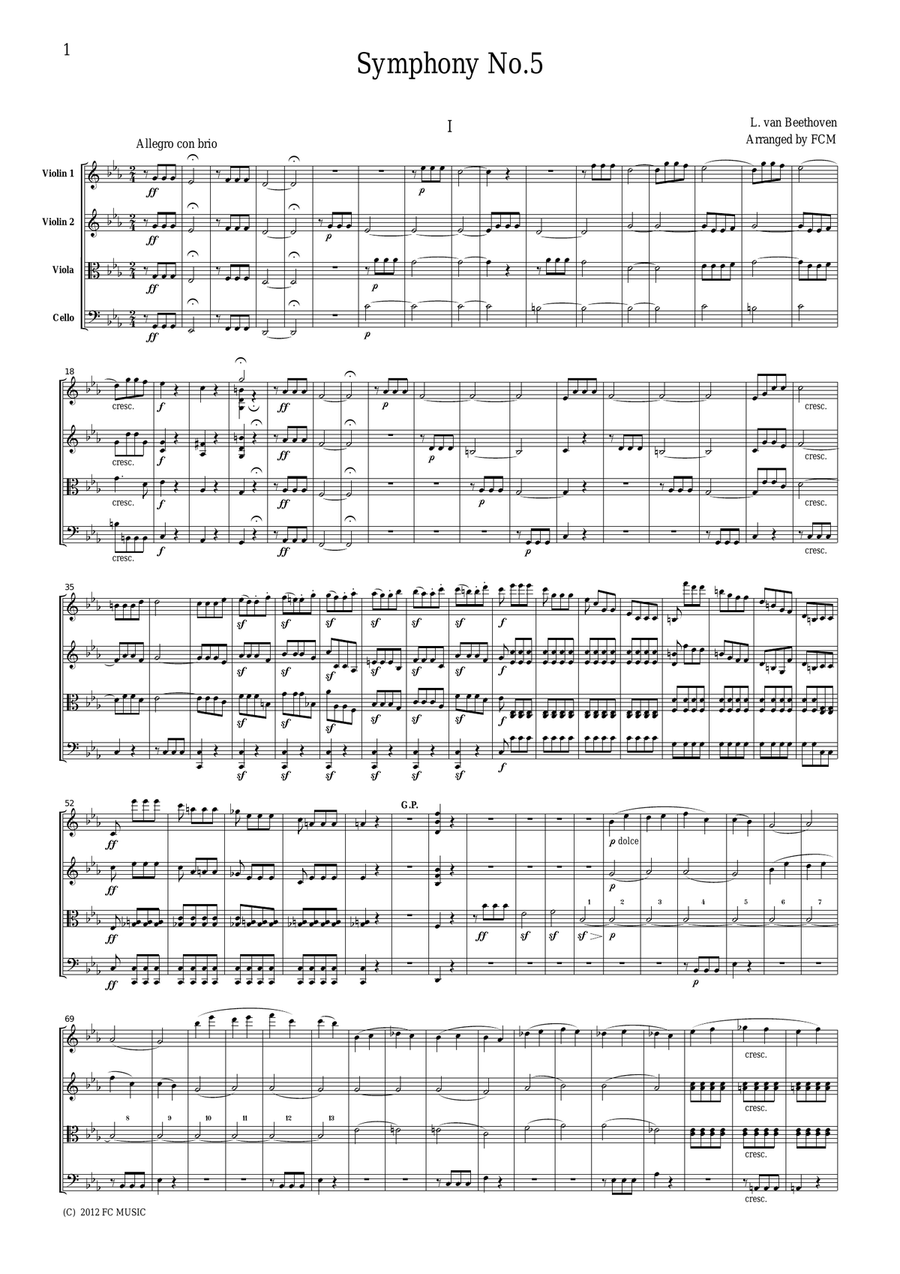 Beethoven Symphony No.5, 1st mvt., for string quartet, CB011 String Quartet scores gallery preview page 1