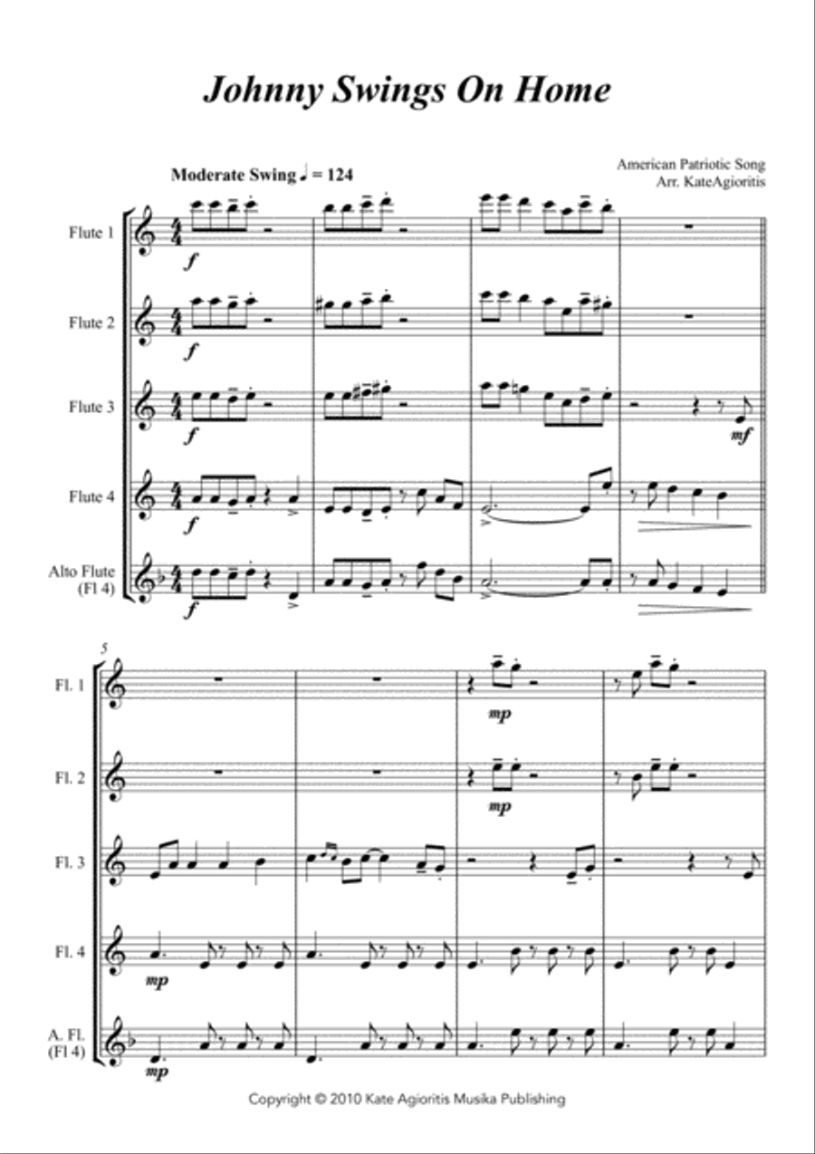 Johnny Swings On Home (When Johnny Comes Marching Home) - for Flute Quartet Flute Quartet scores gallery preview page 3