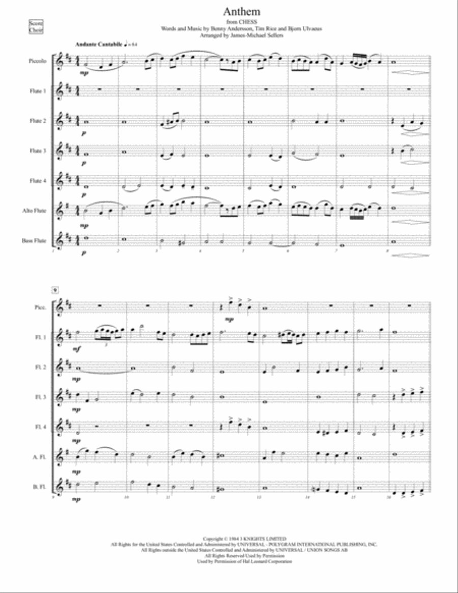 Anthem (from Chess) by Tim Rice Flute Choir - Digital Sheet Music