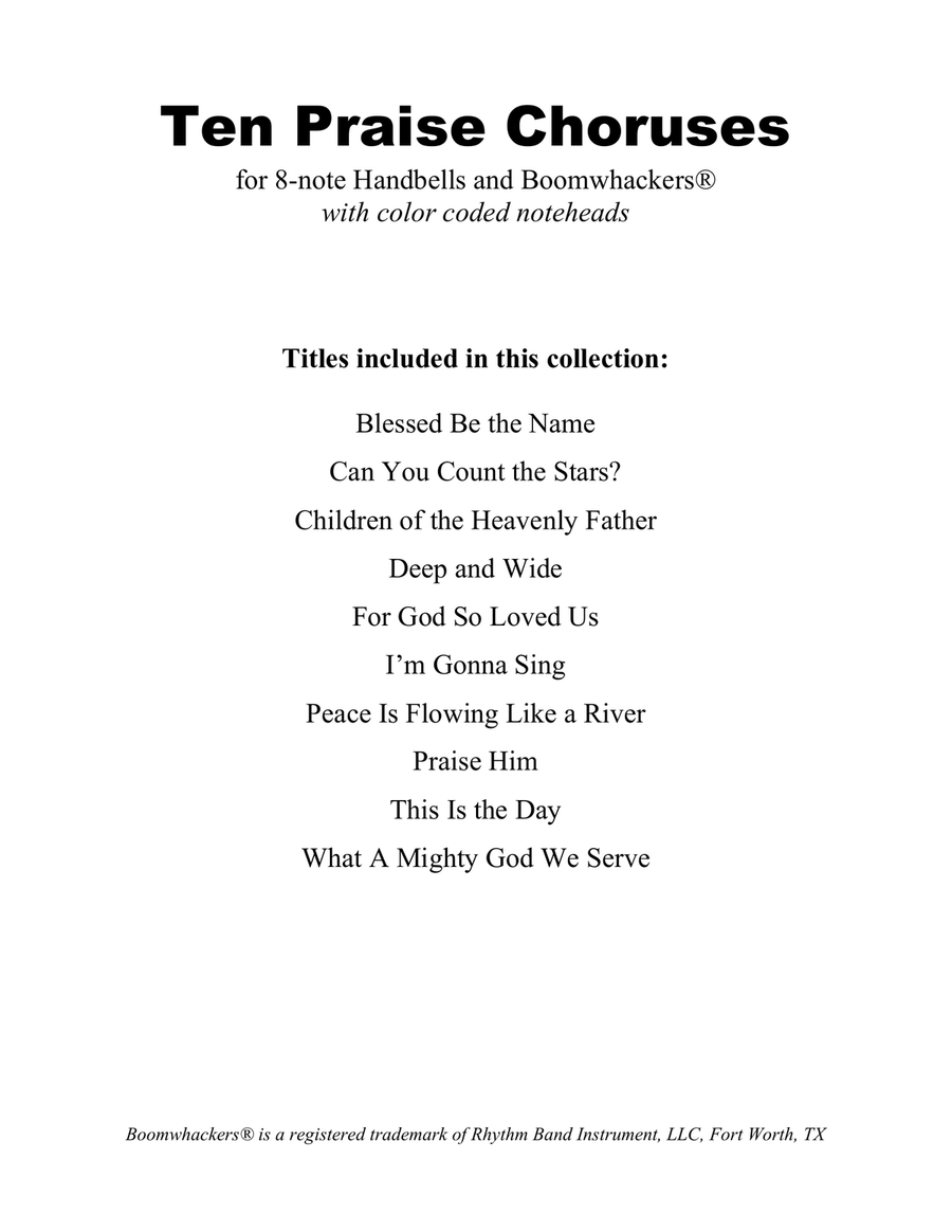 Ten Praise Choruses (for 8-note Bells and Boomwhackers with Color Coded Notes) Handbell Choir scores gallery preview page 2