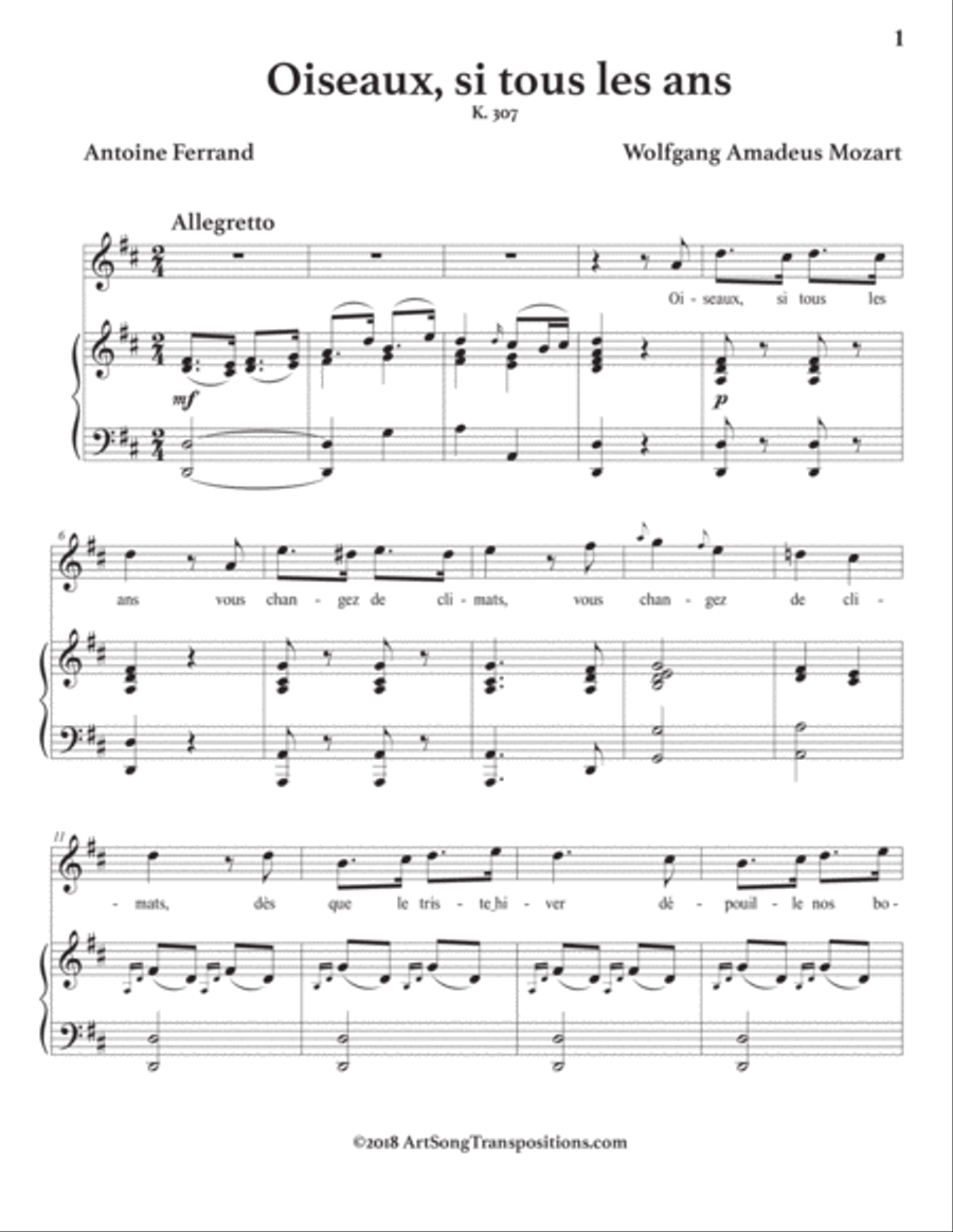 MOZART: Oiseaux, si tous les ans, K. 307 (transposed to D major) Voice scores gallery preview page 2