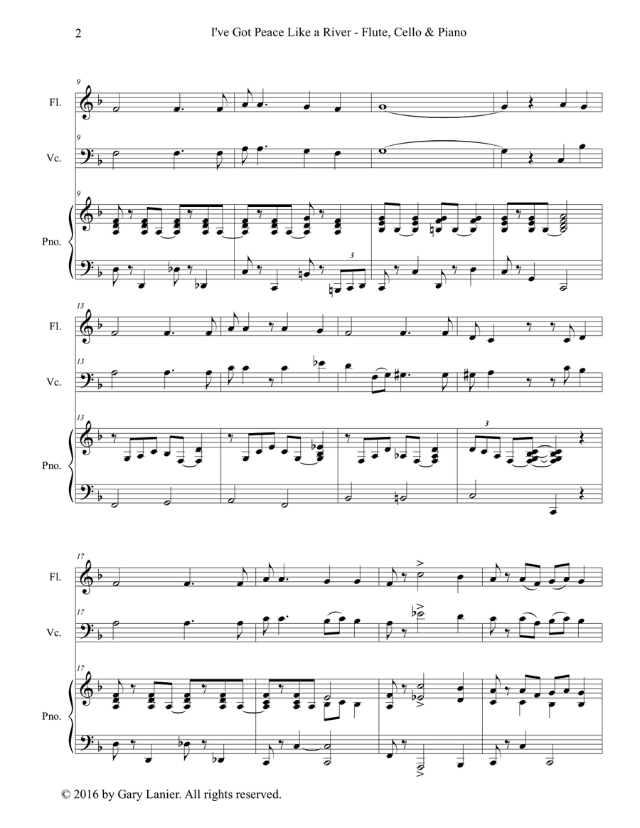 Gary Lanier: I'VE GOT PEACE LIKE A RIVER (Trio – Flute, Cello & Piano with Parts) Small Ensemble scores gallery preview page 3