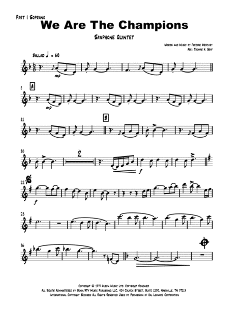 We Are The Champions Saxophone Quintet scores gallery preview page 5