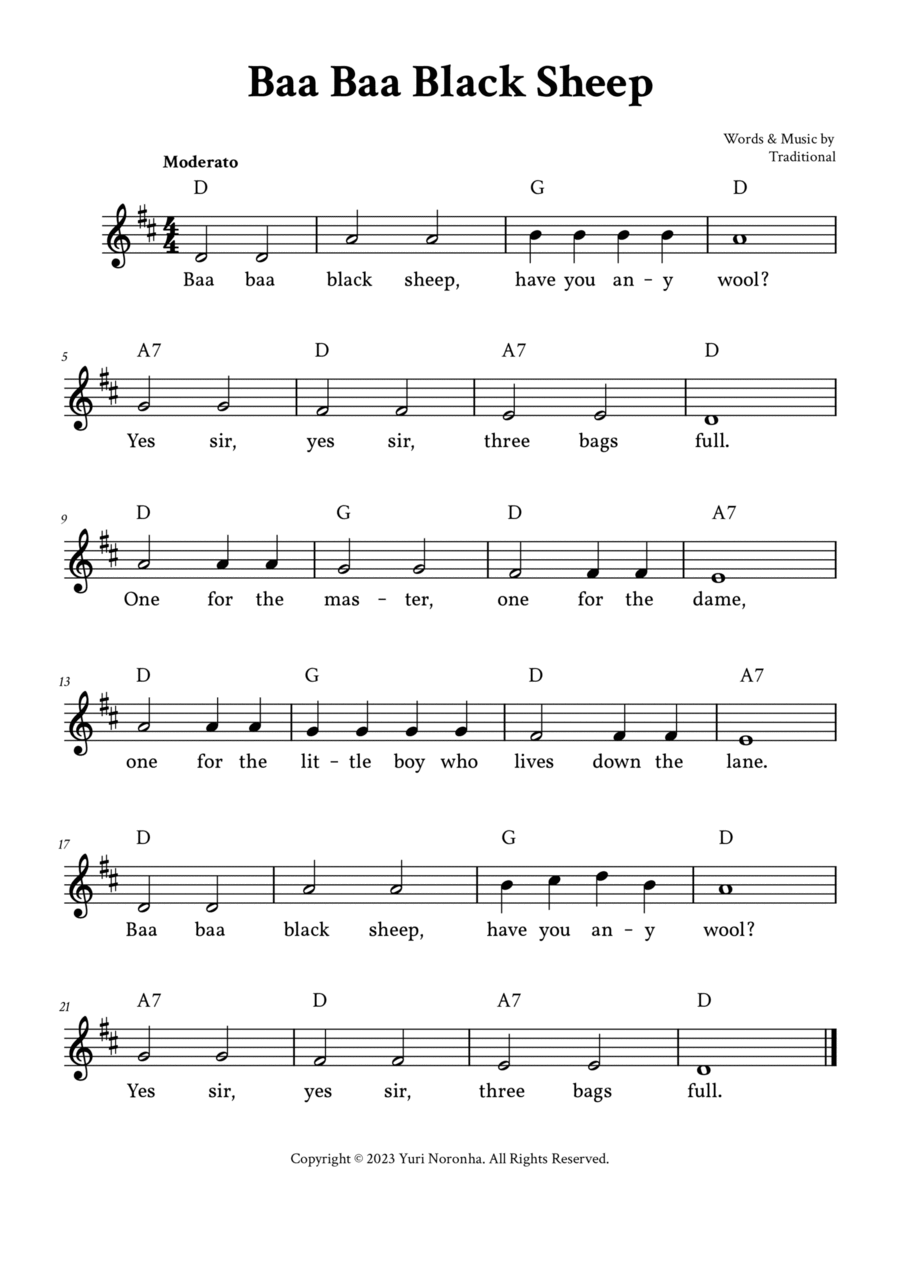 Baa Baa Black Sheep - Lead Sheet (D Major - Easy Traditional) Easy Piano scores gallery preview page 1