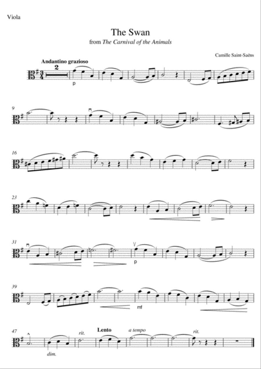 'The Swan' for Viola from 'Carnival of the Animals' Viola Solo scores gallery preview page 1