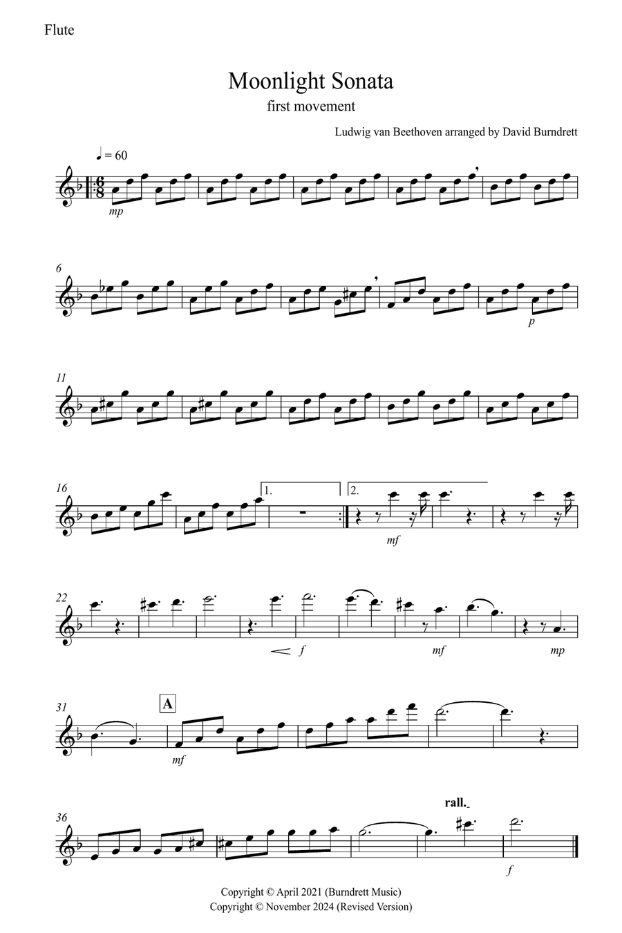 Moonlight Sonata for (1st movement) for Flute and Baritone Saxophone Duet Woodwind Duet scores gallery preview page 3