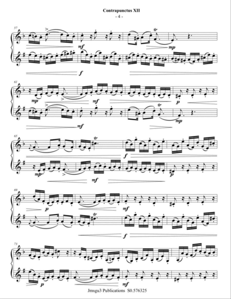 Bach: Four Duets from the Art of Fugue for Violin & Bass Clarinet Bass Clarinet scores gallery preview page 4