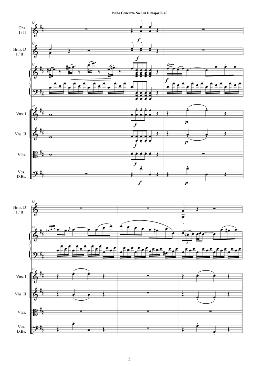 Mozart - Piano Concerto No.3 in D major K 40 for Piano solo and Orchestra - Score and Parts String Orchestra scores gallery preview page 5