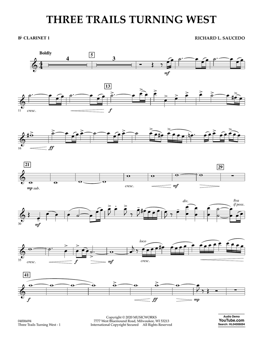 Three Trails Turning West - Bb Clarinet 1 Concert Band scores gallery preview page 1