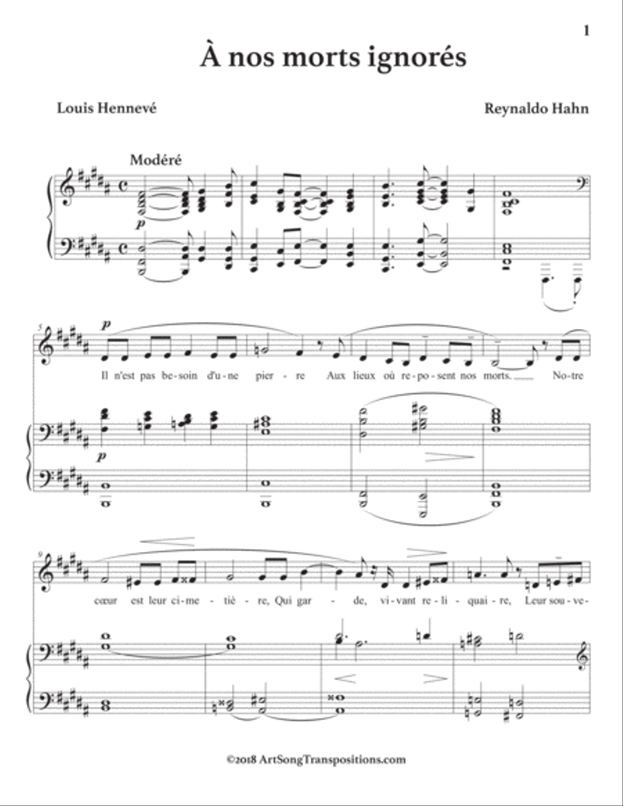 HAHN: À nos morts ignorés (transposed to B major) Voice scores gallery preview page 2