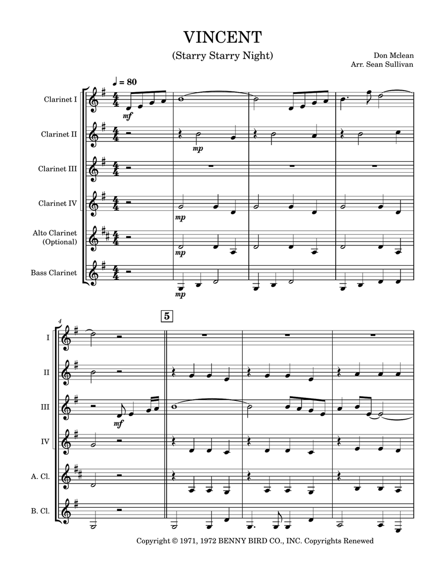 Vincent (Starry Starry Night) Clarinet Quintet scores gallery preview page 2