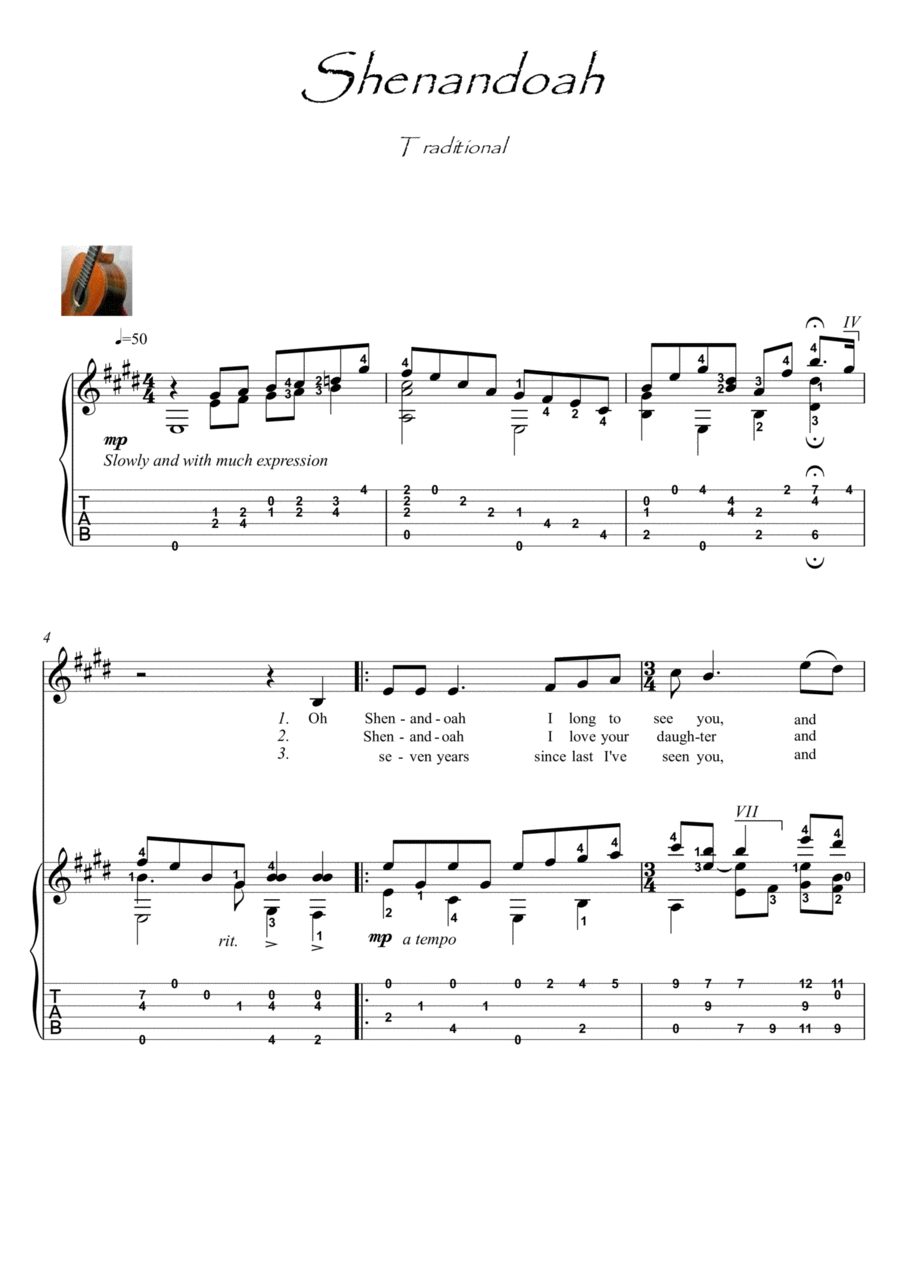 Shenandoah classical guitar fingerstyle Acoustic Guitar scores gallery preview page 1