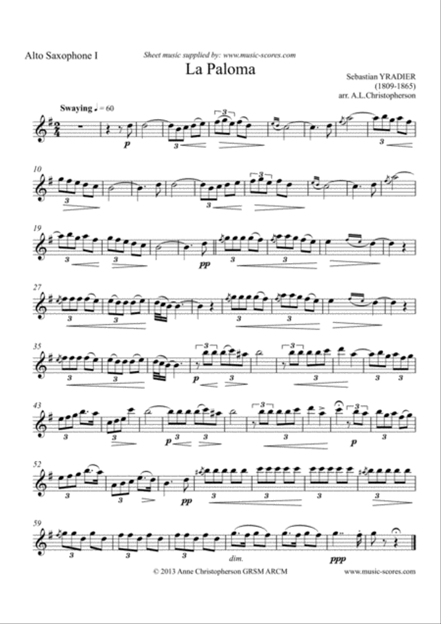 La Paloma - Soprano and Alto Saxes (or 2 Altos), Tenor Sax, Baritone Sax and Piano Woodwind Ensemble scores gallery preview page 6