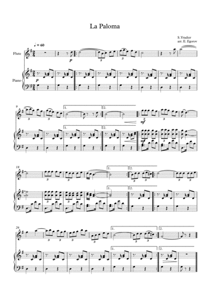 La Paloma, Sebastian Yradier, For Flute & Piano image number null